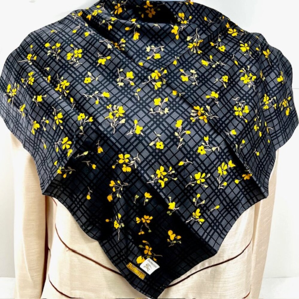 NewTagBurberrys Miniscarf/handker19.5" Cotton Silk Black Gray Yellow floral(15 - Picture 6 of 11